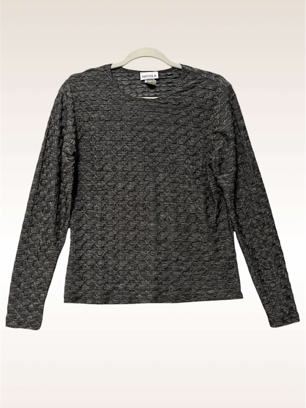NICOLA Smocked Knit Top NWT Size Large Charcoal Gray Long Sleeve Fitted